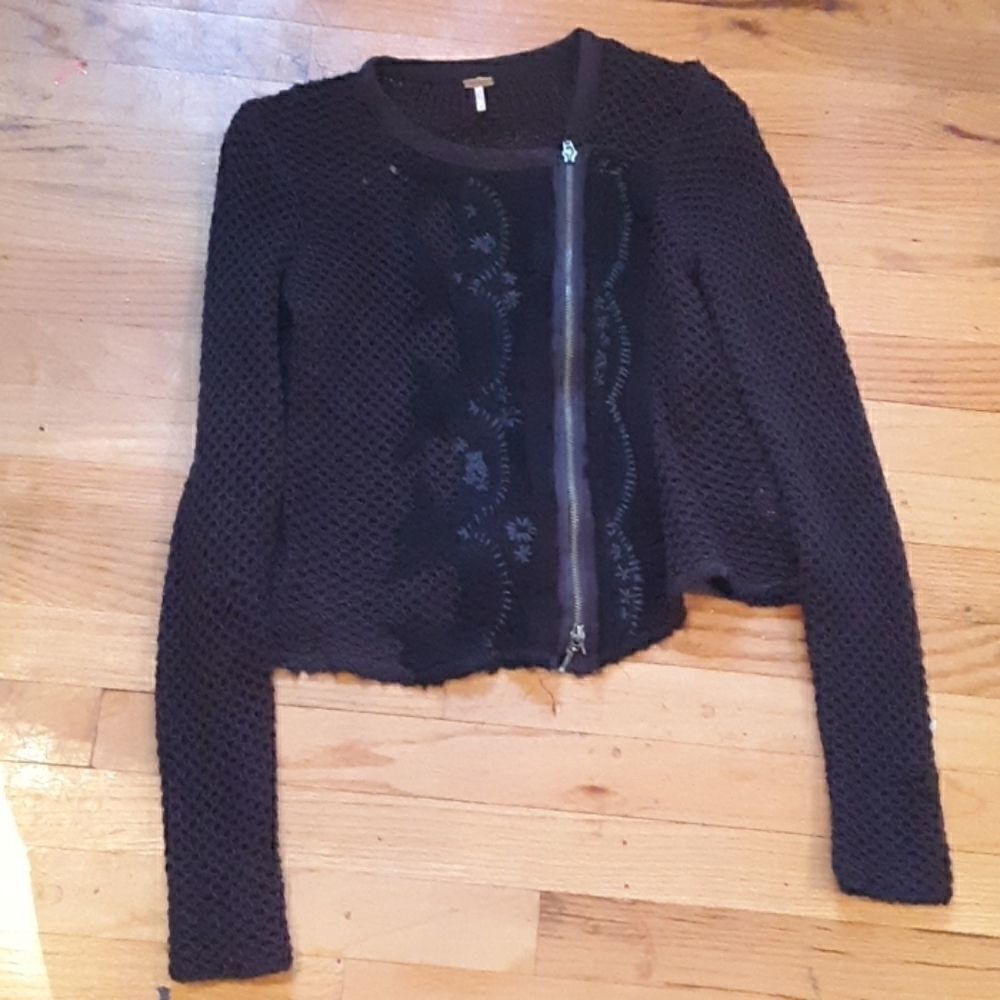💥SALE💥FREE PEOPLE BLACK & GREY KNIT BOHO ZIP UP SWEATER S